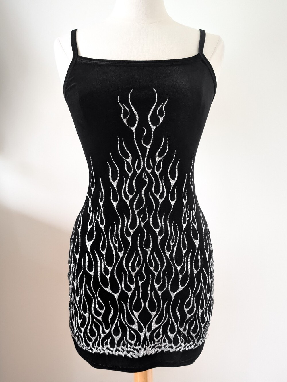 90s vintage CREW black velvet mini dress with silver glitter flames SMALL